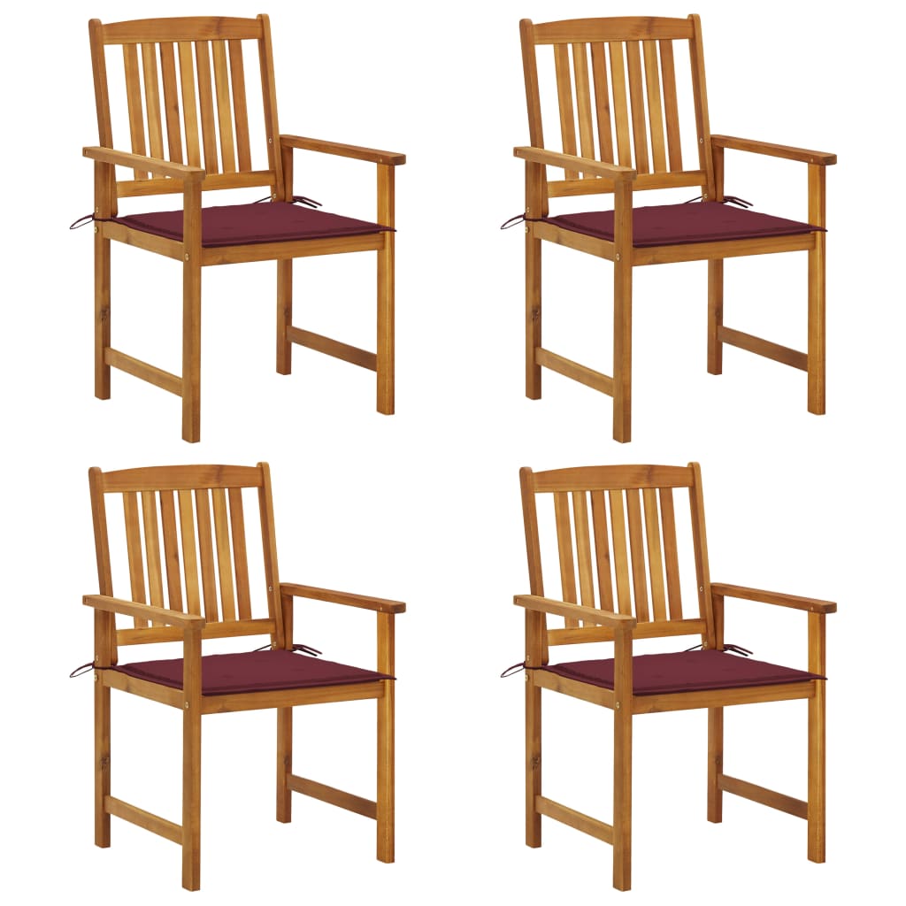 Set de 4 scaune de regizor, de gradina, cu perne, vidaXL, Lemn de acacia-poliester, 61 x 57 x 92 cm, Maro/Rosu bordo