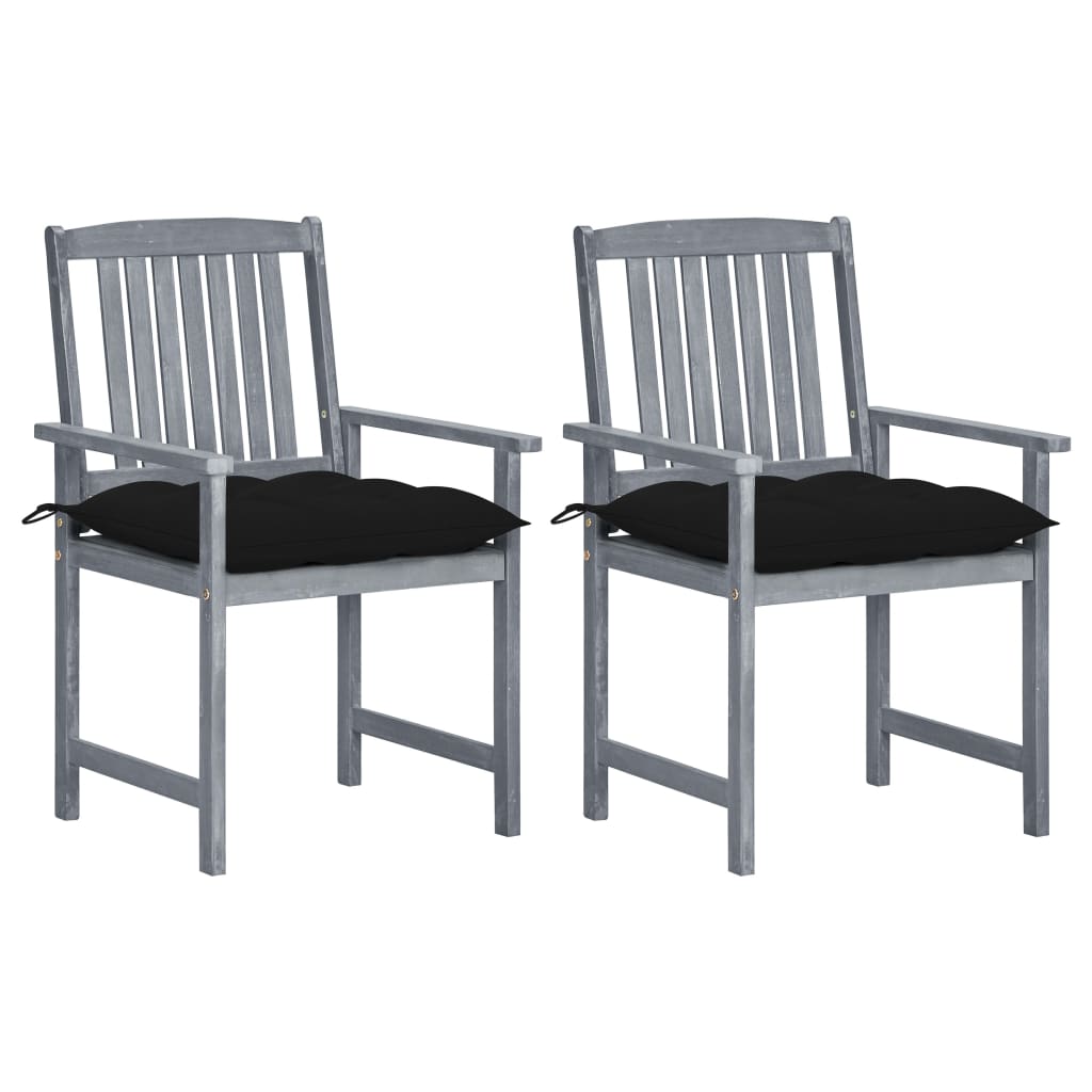 Set de 2 scaune de regizor, de gradina, cu perne, vidaXL, Lemn de acacia-poliester, 57 x 60 x 92 cm, 7 cm, Gri/Negru