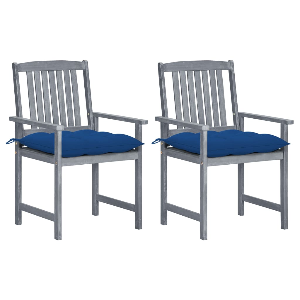 Set de 2 scaune de regizor, de gradina, cu perne, vidaXL, Lemn de acacia-poliester, 57 x 60 x 92 cm, 7 cm, Gri/Albastru regal