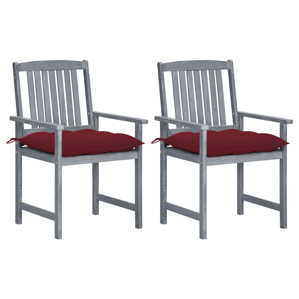 Set de 2 scaune gri de regizor cu maner si perne de sezut, vidaXL, Lemn de acacia, 57 x 60 x 92 cm, Gri/Rosu vin