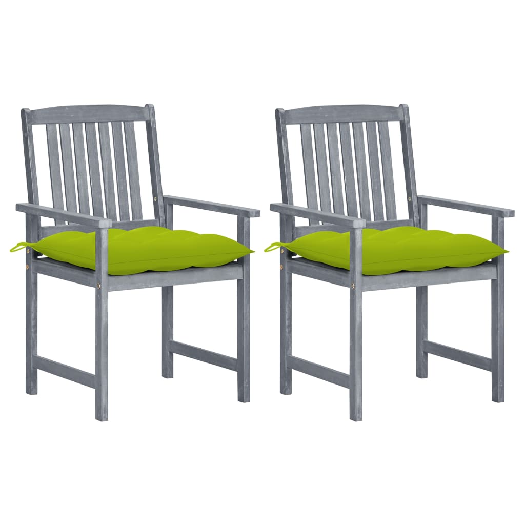 Set de 2 scaune regizor cu perna sezut, vidaXL, Lemn de acacia-poliester, 57 x 60 x 92 cm, Gri, perna verde aprins 7 cm