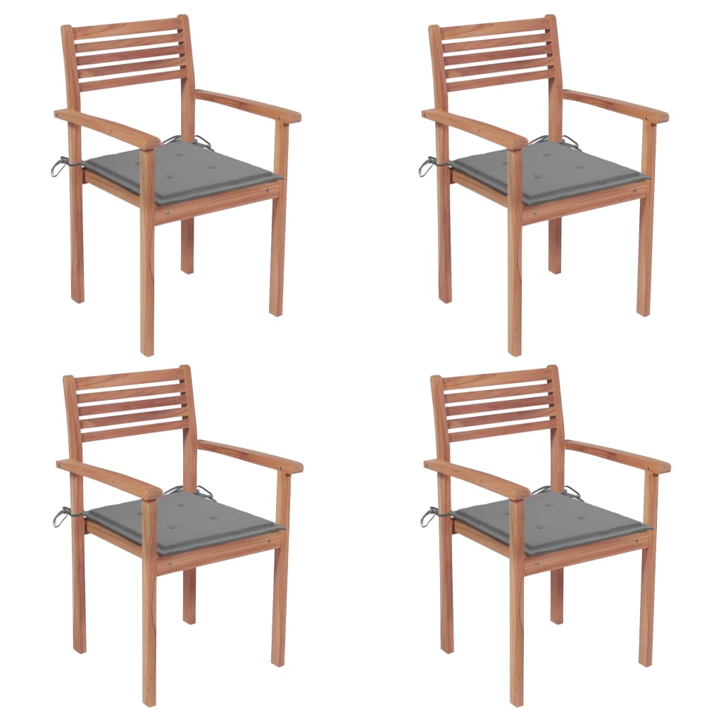Set de 4 scaune de gradina cu perne, vidaXL, Lemn de tec slefuit fin - poliester, 56 x 51 x 90 cm, 4 cm, Maro/Perne gri