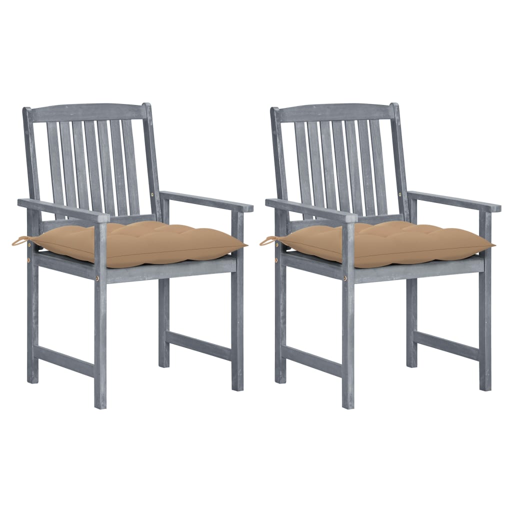 Set de 2 scaune de regizor, de gradina, cu perne, vidaXL, Lemn de acacia-poliester, 57 x 60 x 92 cm, 7 cm, Gri/Bej