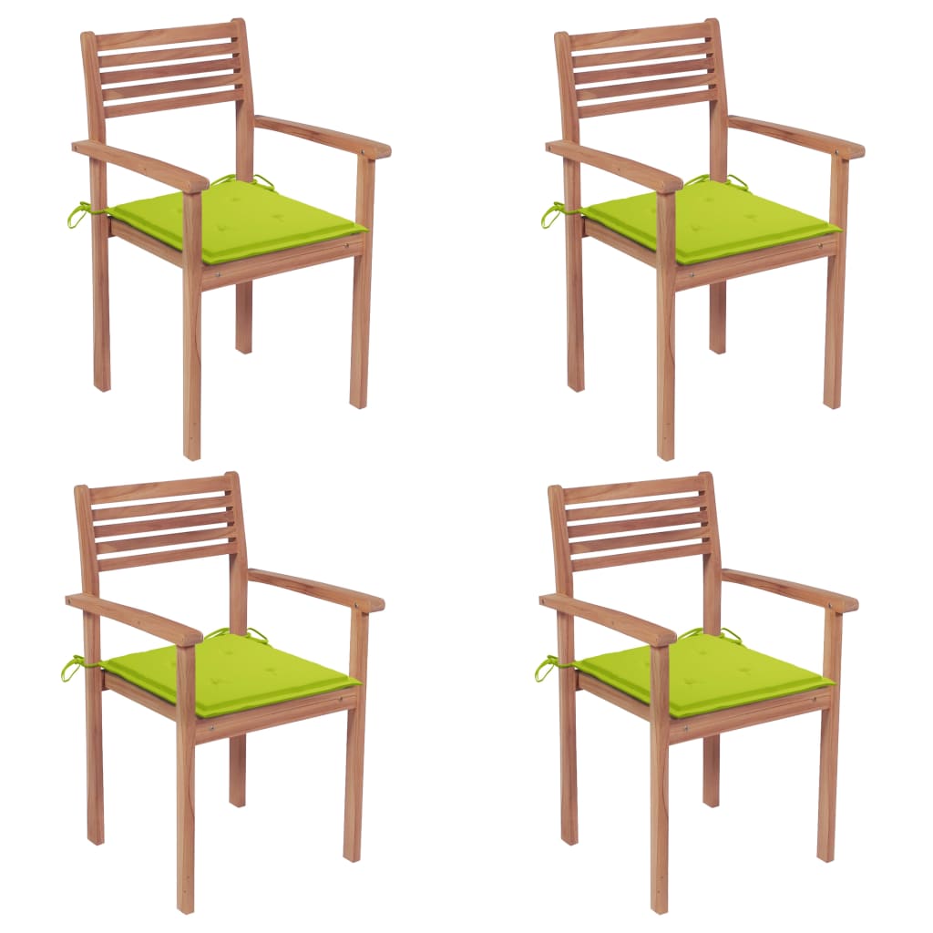 Set de 4 scaune de gradina cu perne, vidaXL, Lemn de tec slefuit fin - poliester, 56 x 51 x 90 cm, 4 cm, Maro/Perne verde aprins