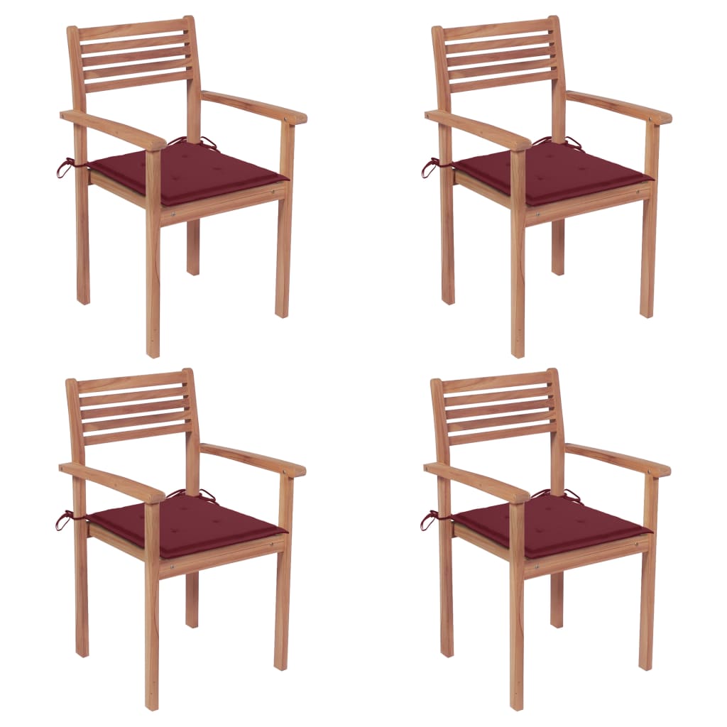 Set de 4 scaune de gradina cu perne, vidaXL, Lemn de tec slefuit fin - poliester, 56 x 51 x 90 cm, 4 cm, Maro/Perne rosu bordo