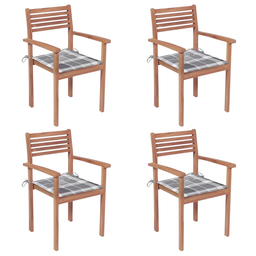 Set de 4 scaune de gradina cu perne, vidaXL, Lemn de tec slefuit fin - poliester, 56 x 51 x 90 cm, 4 cm, Maro/Perne model carouri gri