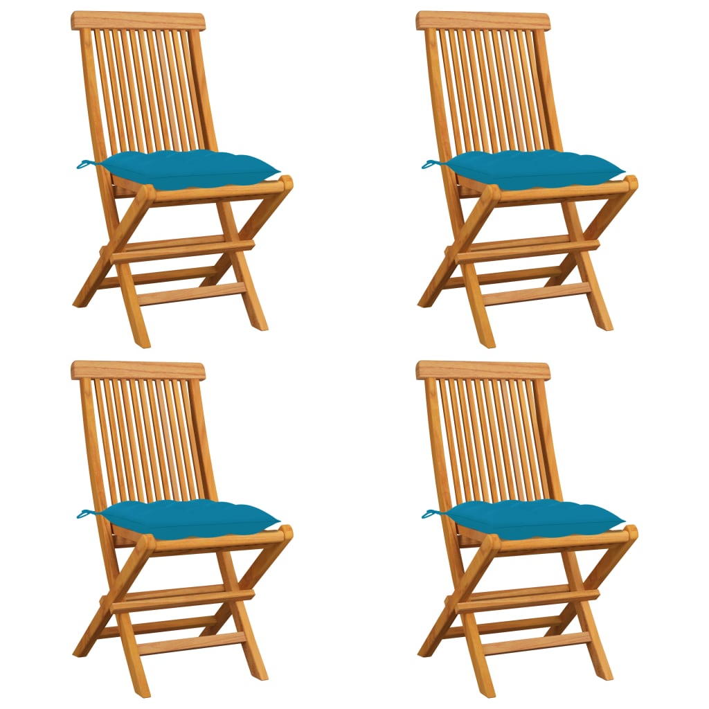 Set de 4 scaune pliabile de exterior cu perne vidaXL, Lemn de tec, 47 x 60 x 89 cm, Maro/Albastru