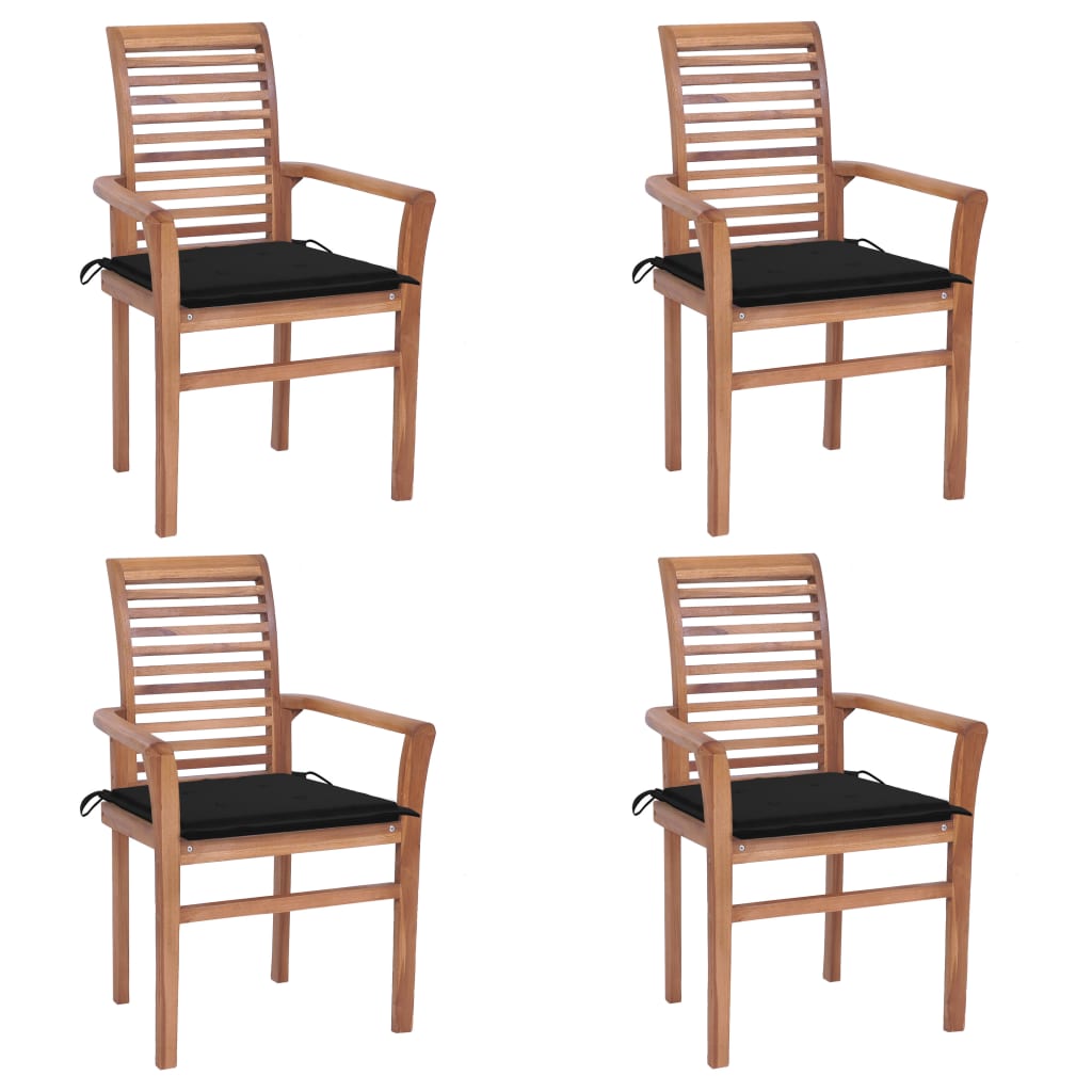 Set de 4 scaune tip fotoliu de exterior, vidaXL, Lemn masiv de tec-Poliester, 62 x 56,5 x 94 cm, 4 cm, Maro/Perne negru