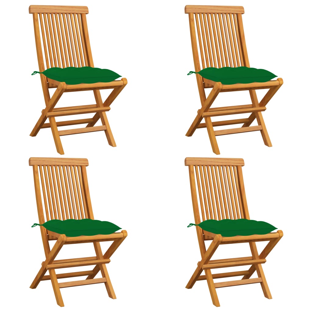 Set de 4 scaune de exterior cu perne vidaXL, Lemn de tec, 47 x 60 x 89 cm, perna 7 cm, Maro/Verde