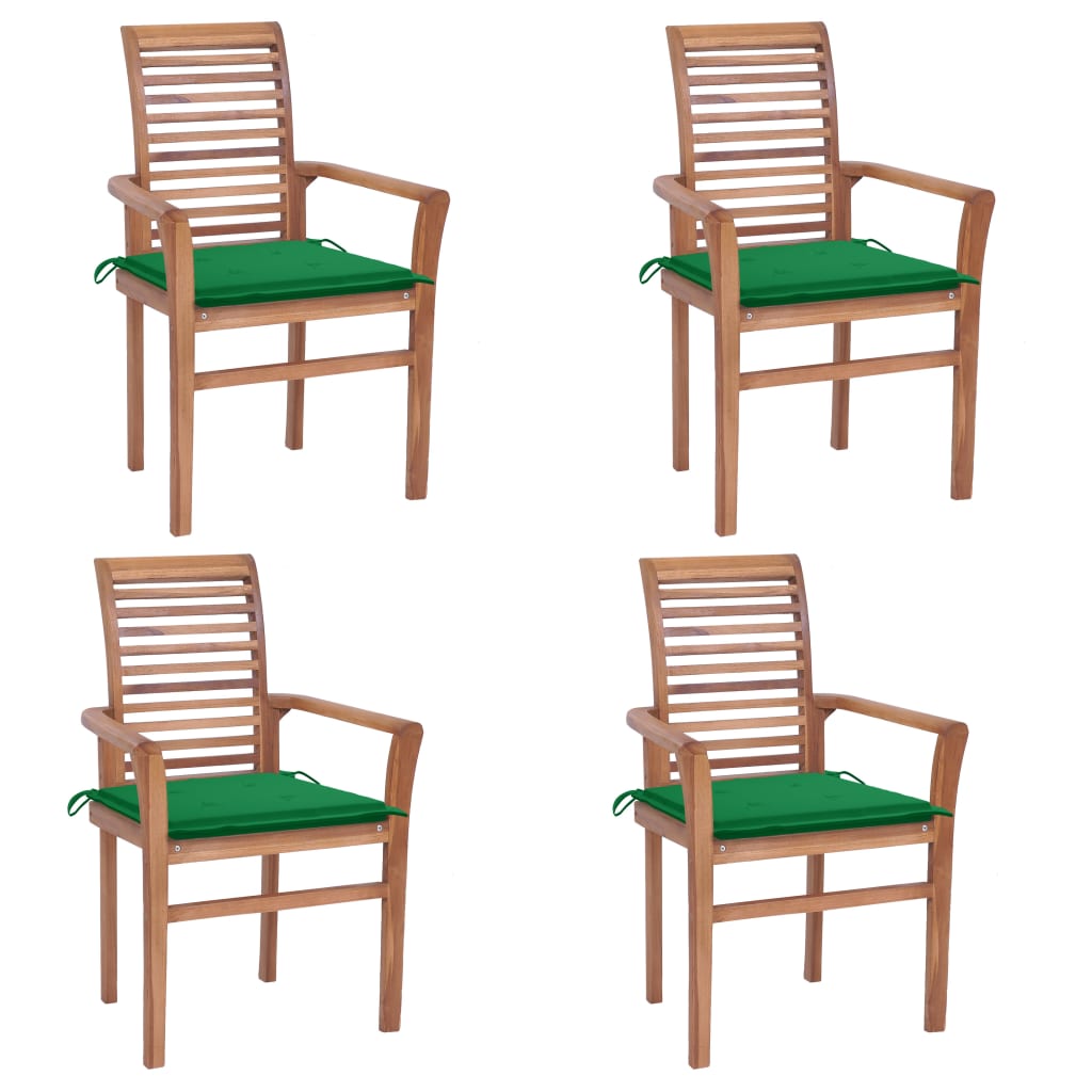 Set de 4 scaune de exterior cu perne, vidaXL, Lemn de tec, 62 x 56,5 x 94 cm, Maro-Verde