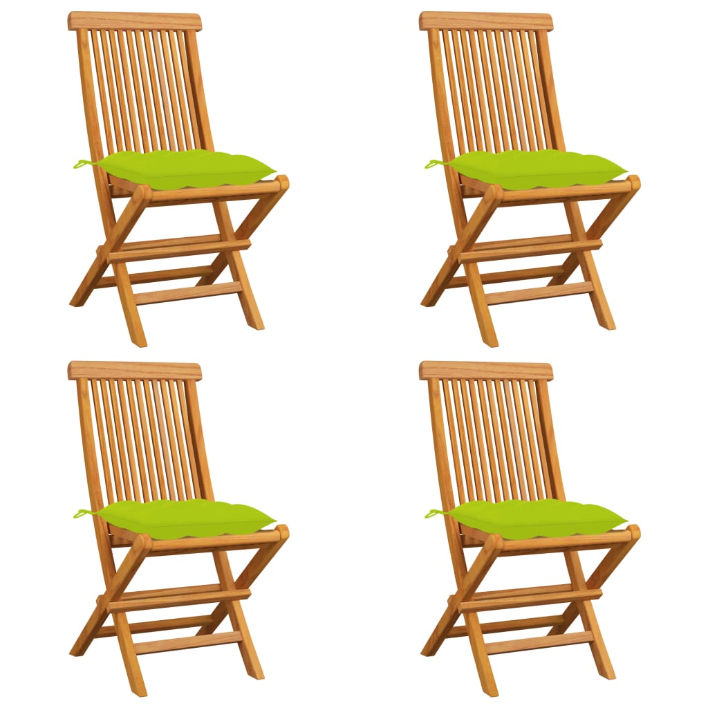 Set de 4 scaune pliabile de exterior cu perne vidaXL, Lemn de tec, 47 x 60 x 89 cm, Maro/Verde