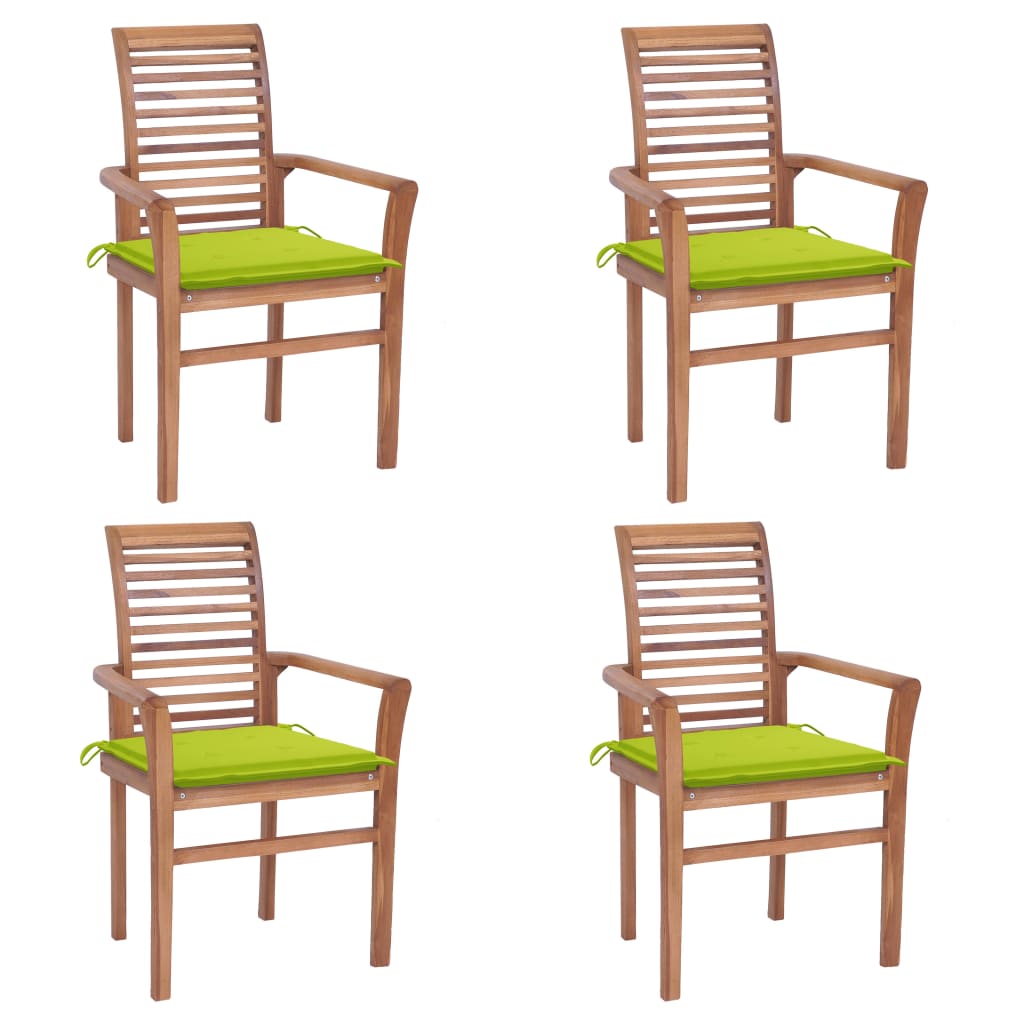 Set de 4 scaune de exterior cu perne, vidaXL, Lemn de tec, 62 x 56,5 x 94 cm, Maro-Verde aprins