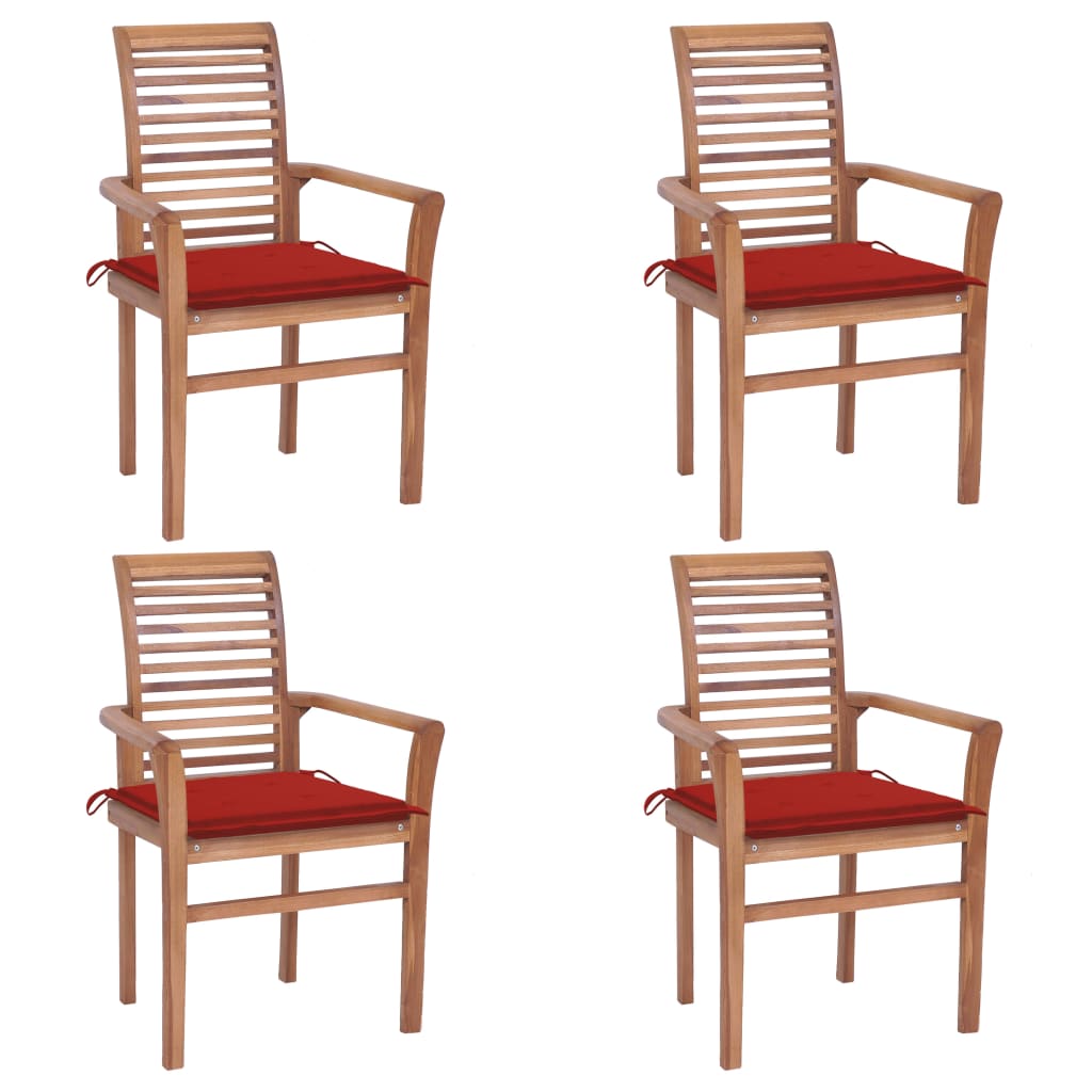 Set de 4 scaune de exterior cu perne, vidaXL, Lemn de tec, 62 x 56,5 x 94 cm, Maro-Rosu