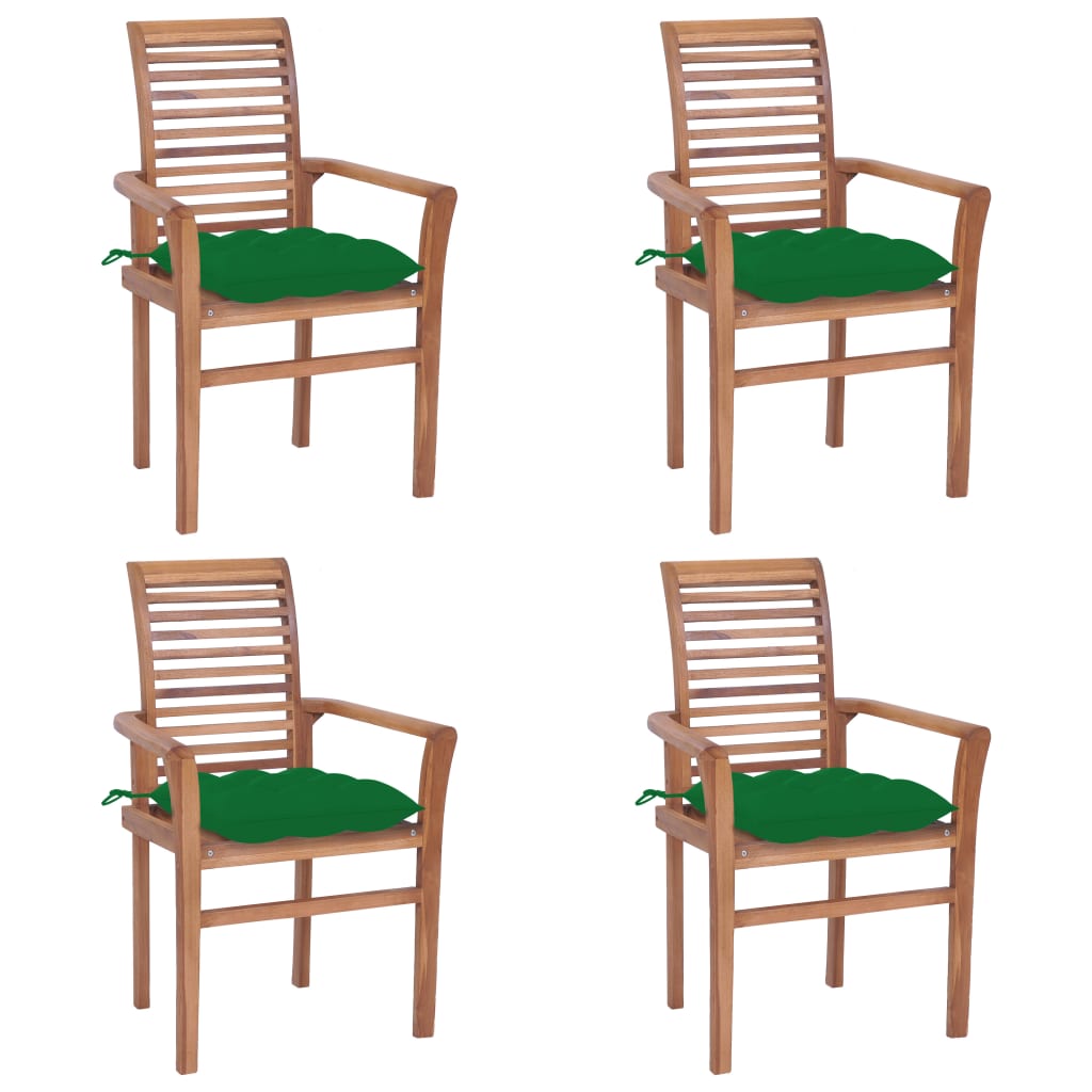 Set de 4 scaune tip fotoliu de exterior, vidaXL, Lemn masiv de tec-Poliester, 62 x 56,5 x 94 cm, 7 cm, Maro/Perne verde