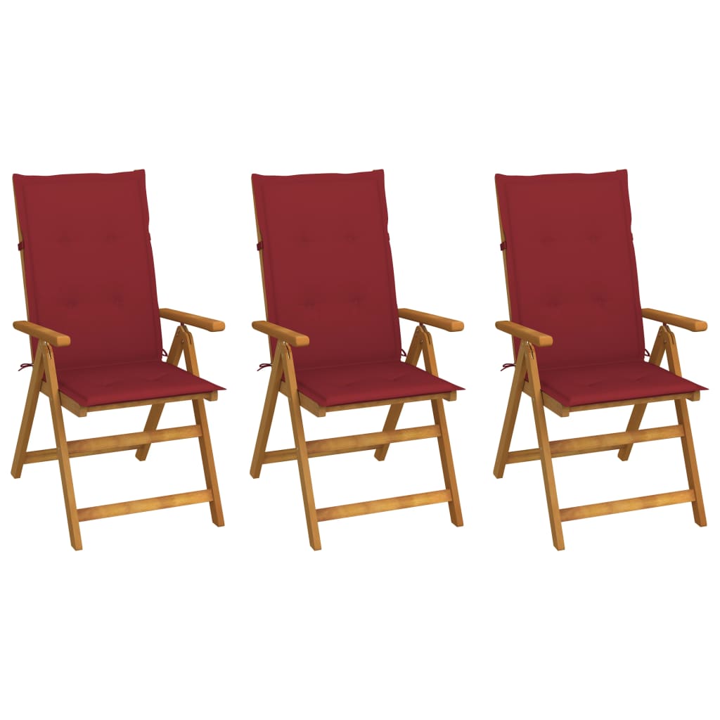 Set de 3 scaune de gradina cu perne, vidaXL, Lemn, 57 x 69 x 111 cm, Rosu vin
