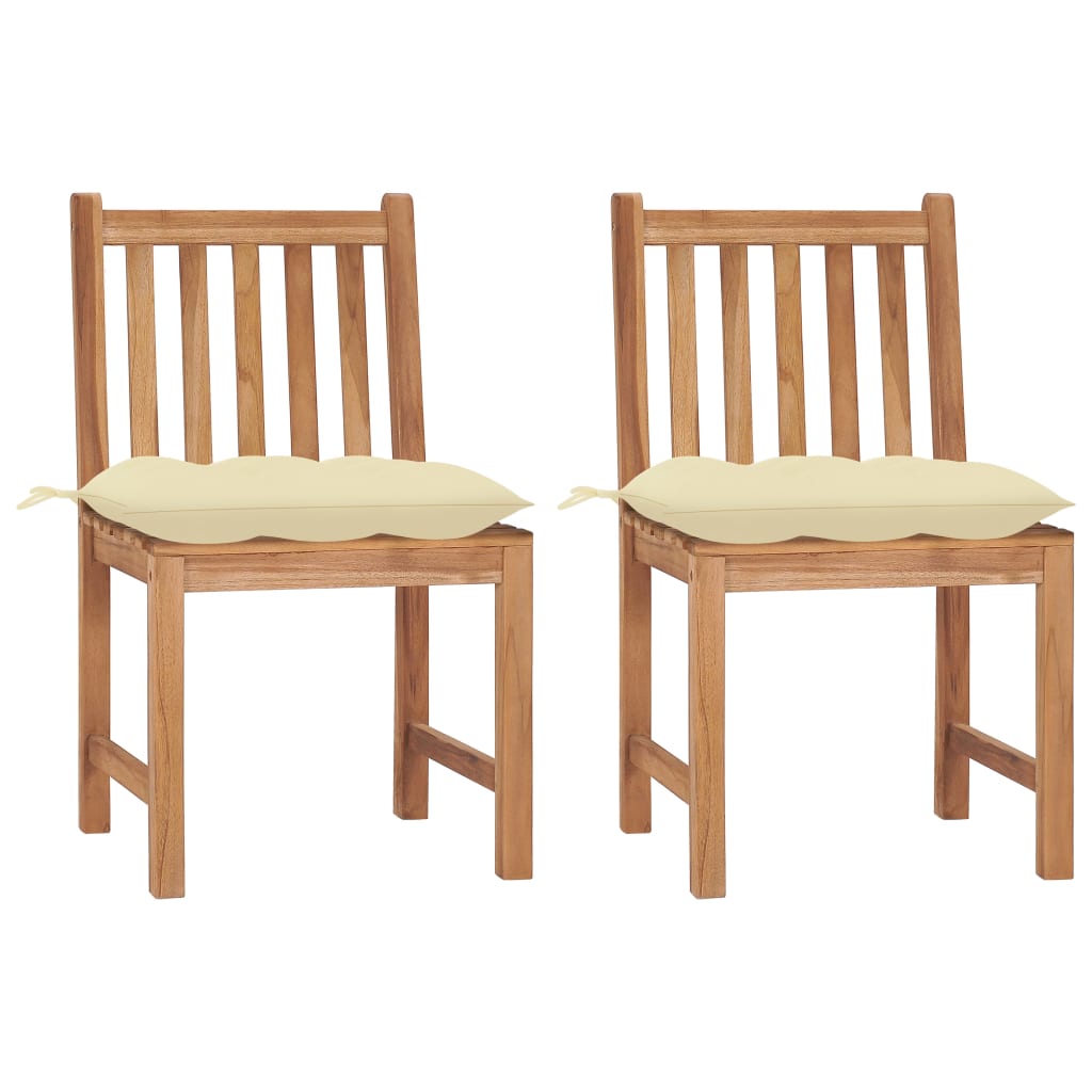 Set de 2 scaune de exterior, vidaXL, Lemn de tec, 50 x 53 x 90 cm, 7 cm, Maro miere-Perne crem