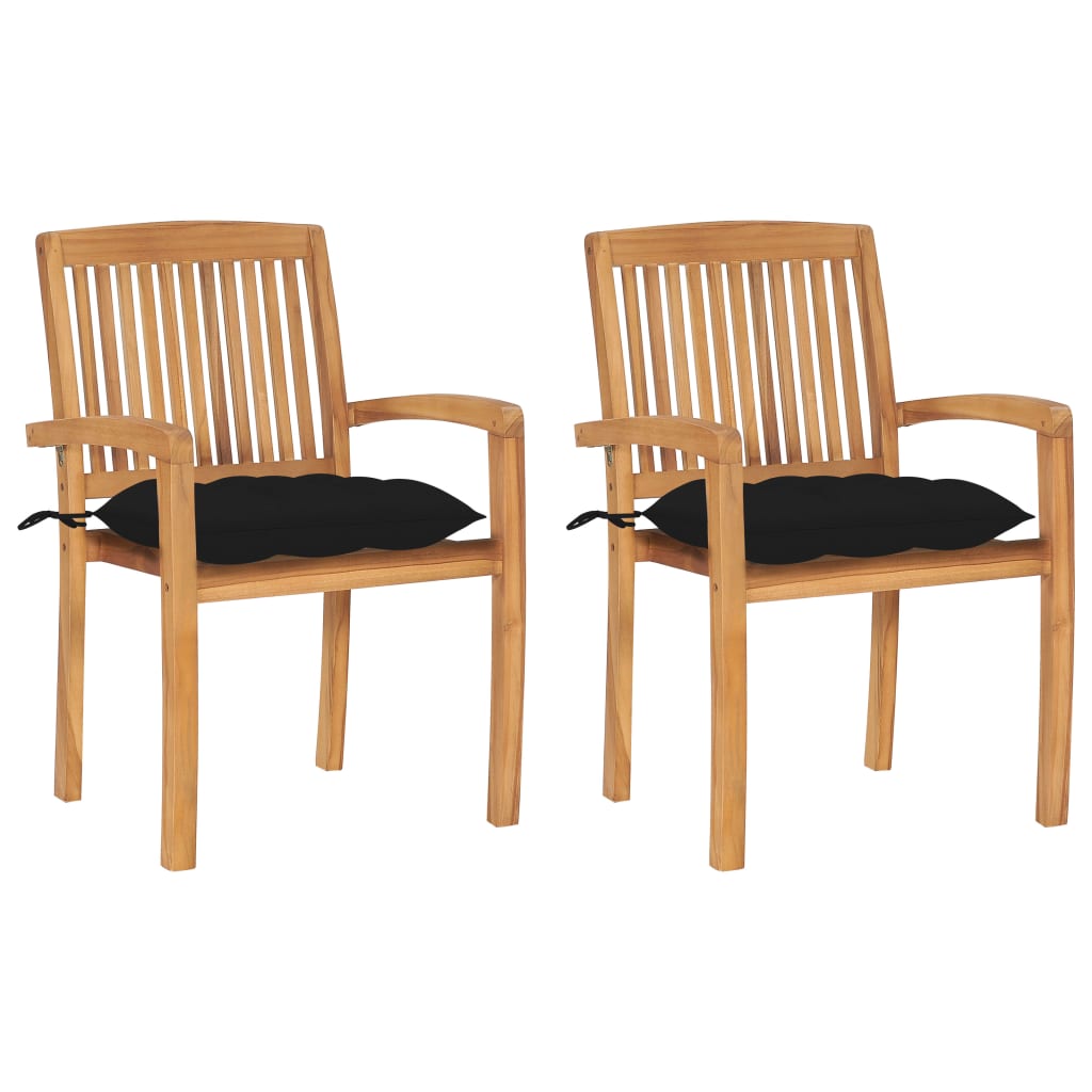 Set de 2 scaune de exterior, vidaXL, Lemn de tec/Poliester, 60 x 57,5 x 90 cm, 7 cm, Maro miere-Perne negru