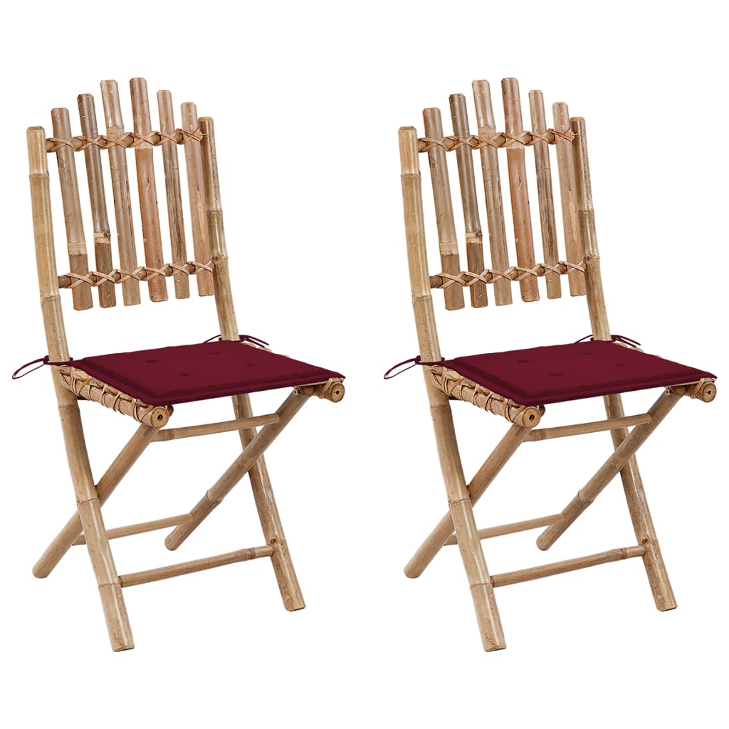 Set de 2 scaune pliabile de gradina, vidaXL, Bambus-textil, 50 x 42 x 92 cm, Maro-Perne rosu bordo