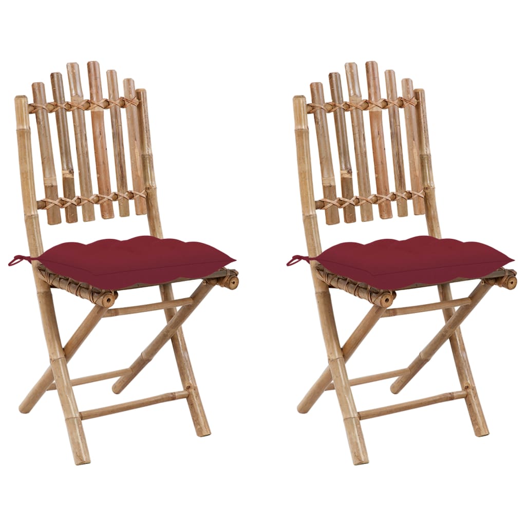 Set de 2 scaune pliabile de gradina, vidaXL, Bambus-textil, 50 x 42 x 92 cm, 7 cm, Maro-Perne rosu bordo