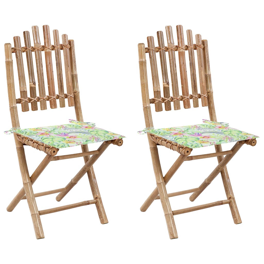 Set de 2 scaune pliabile de gradina, vidaXL, Bambus-textil, 50 x 42 x 92 cm, 4 cm, Maro-Perne model tropical