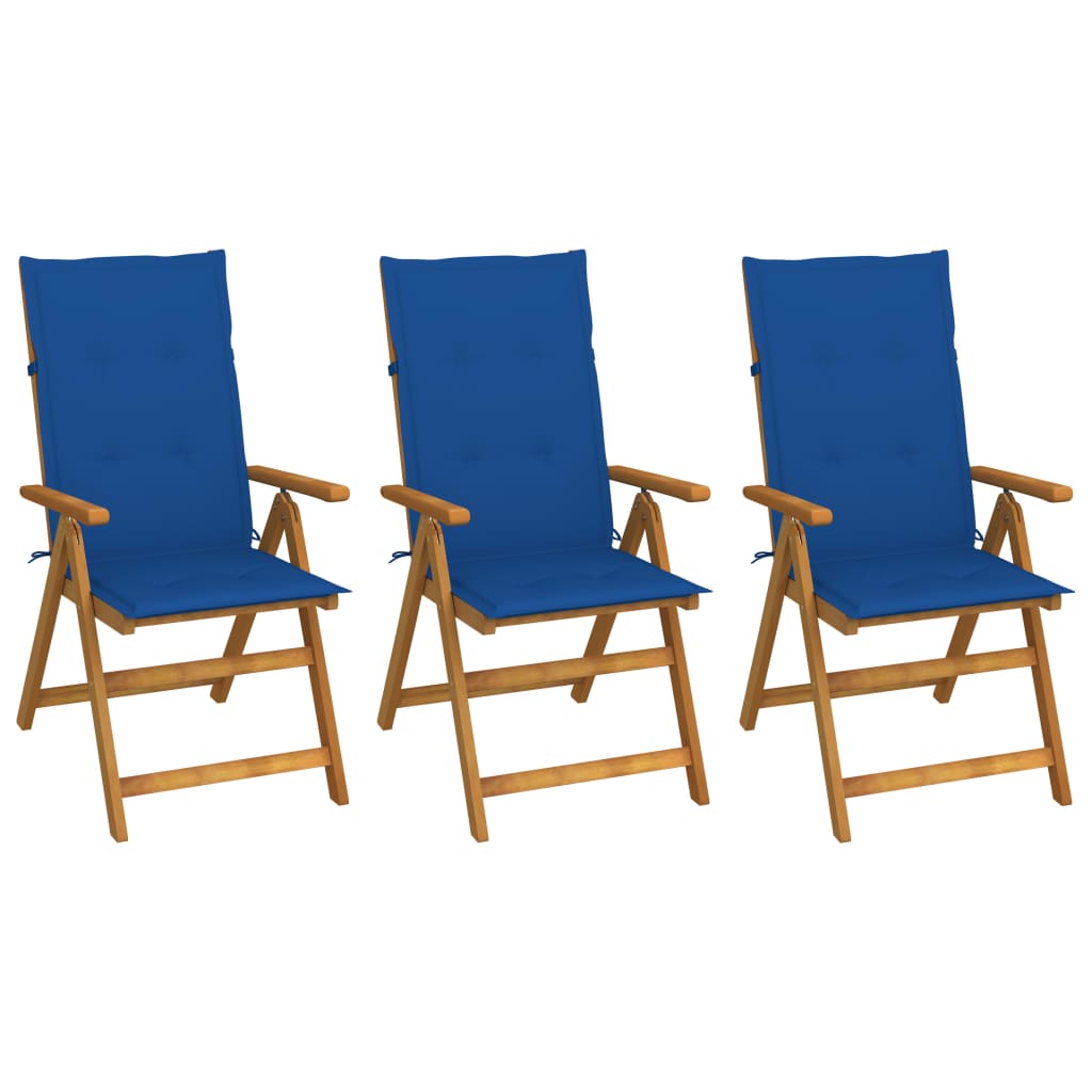 Set de 3 scaune de gradina, vidaXL, Lemn masiv de acacia-poliester, 57 x 69 x 111 cm, Maro - perne albastru regal