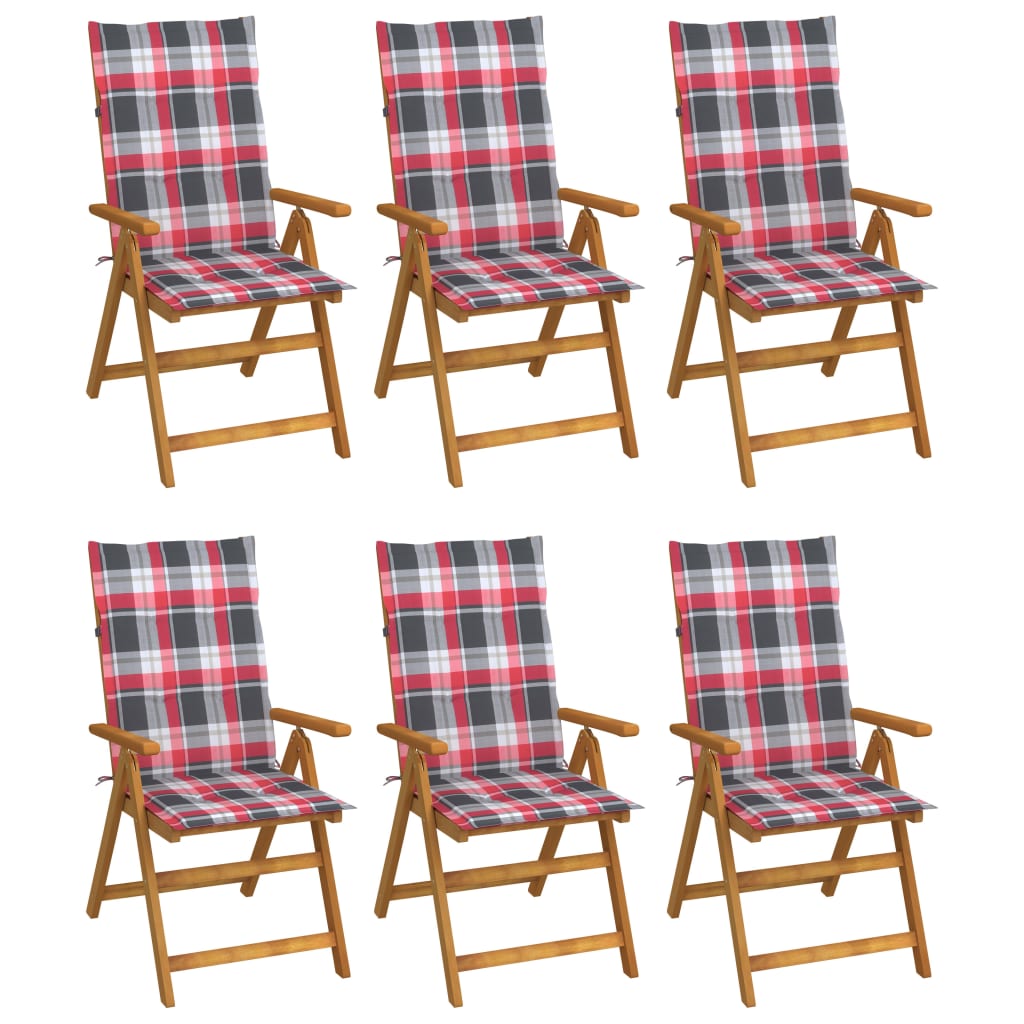 Set de 6 scaune de gradina cu perne cu model carouri, vidaXL, Lemn, 57 x 69 x 111 cm, Multicolor