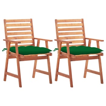 Set de 2 scaune de exterior/gradina cu perna colorata vidaXL, Lemn de acacia, 56 x 62 x 92 cm, Maro/Verde