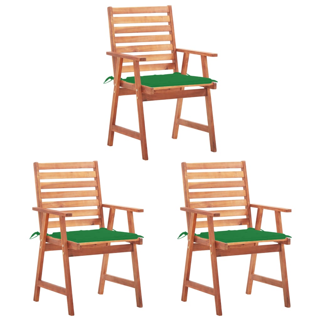 Set de 3 scaune de exterior cu perne, vidaXL, Lemn de acacia-Poliester, 56 x 62 x 92 cm, 4 cm, Maro/Perne verde