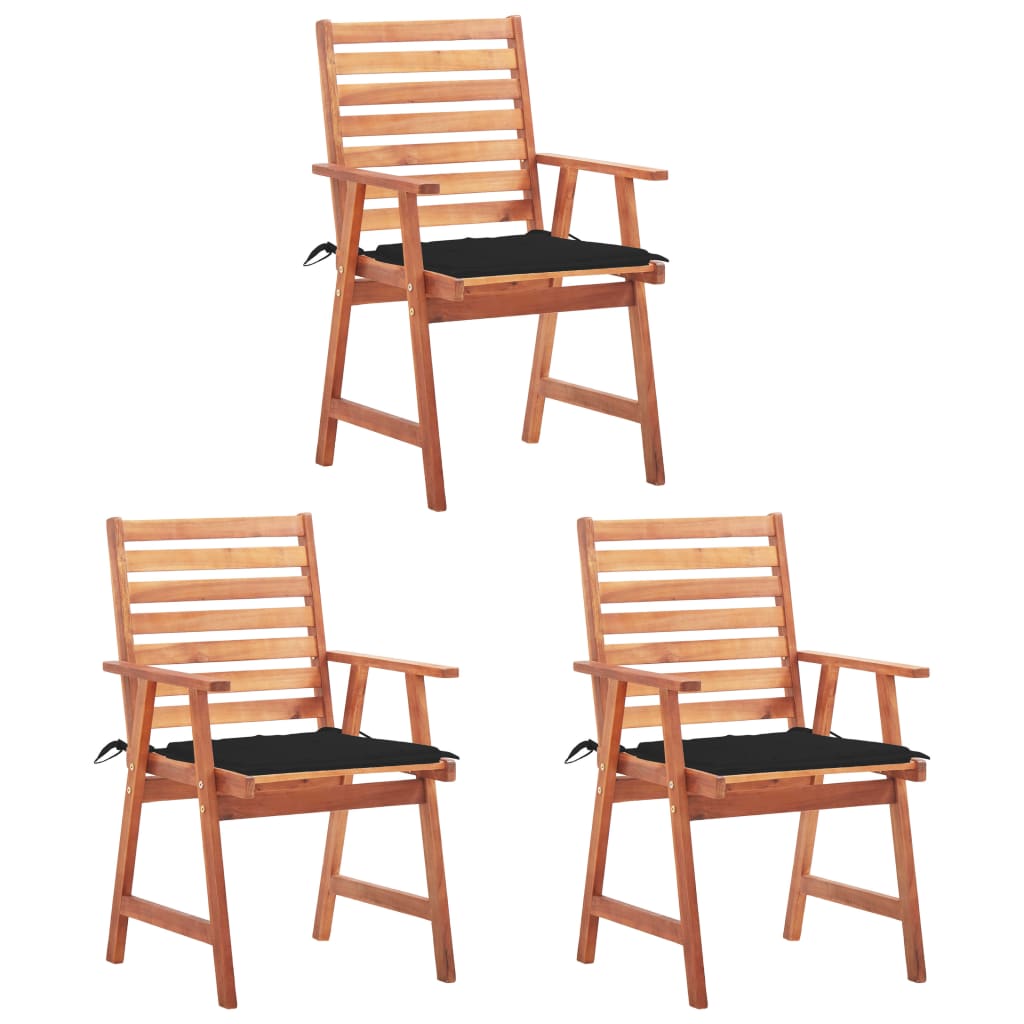 Set de 3 scaune de exterior cu perne, vidaXL, Lemn de acacia-Poliester, 56 x 62 x 92 cm, 4 cm, Maro/Perne negru
