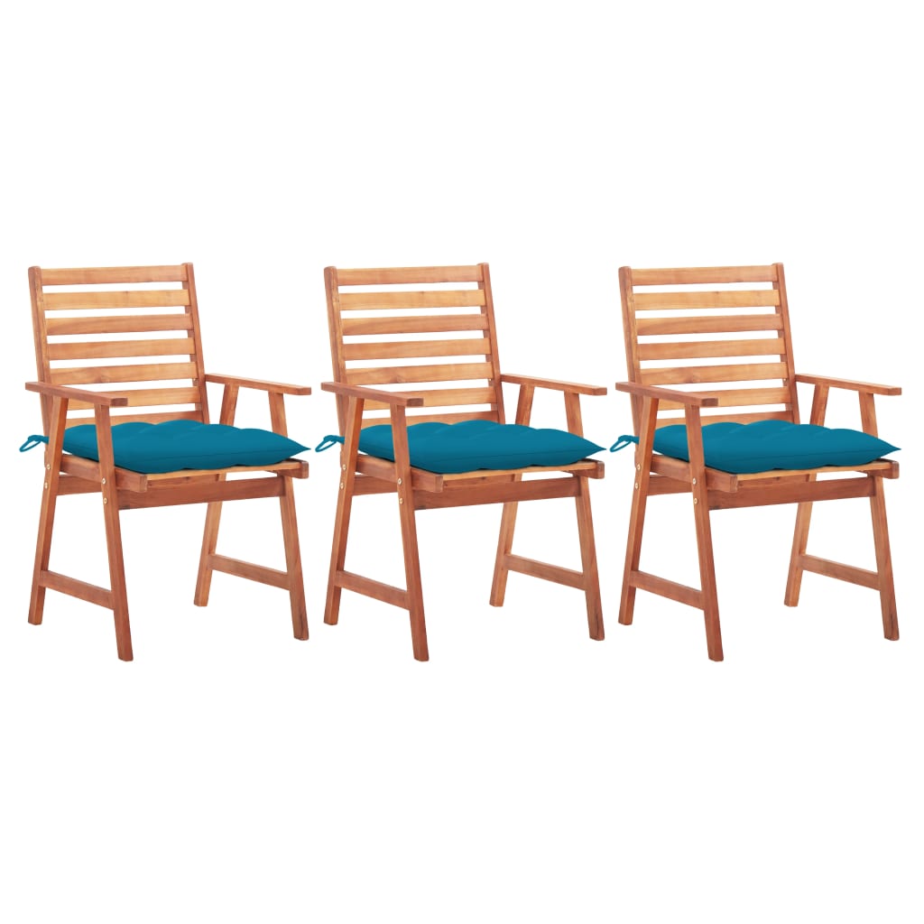 Set de 3 scaune de masa de exterior cu perna colorata vidaXL, Lemn de acacia, 56 x 62 x 92 cm, Maro/Albastru deschis