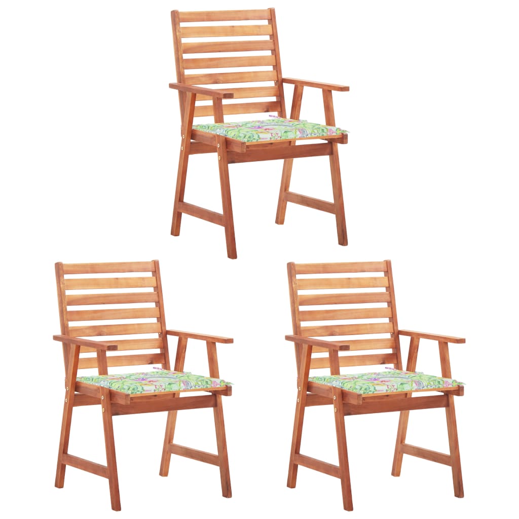 Set de 3 scaune de exterior cu perne, vidaXL, Lemn de acacia-Poliester, 56 x 62 x 92 cm, 4 cm, Maro/Perne model tropical