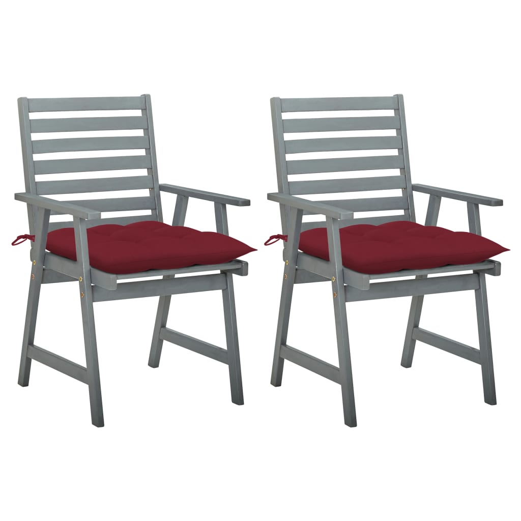 Set de 2 scaune gri de exterior cu perne de sezut colorate, vidaXL, Lemn de acacia, 56 x 62 x 92 cm, Rosu vin