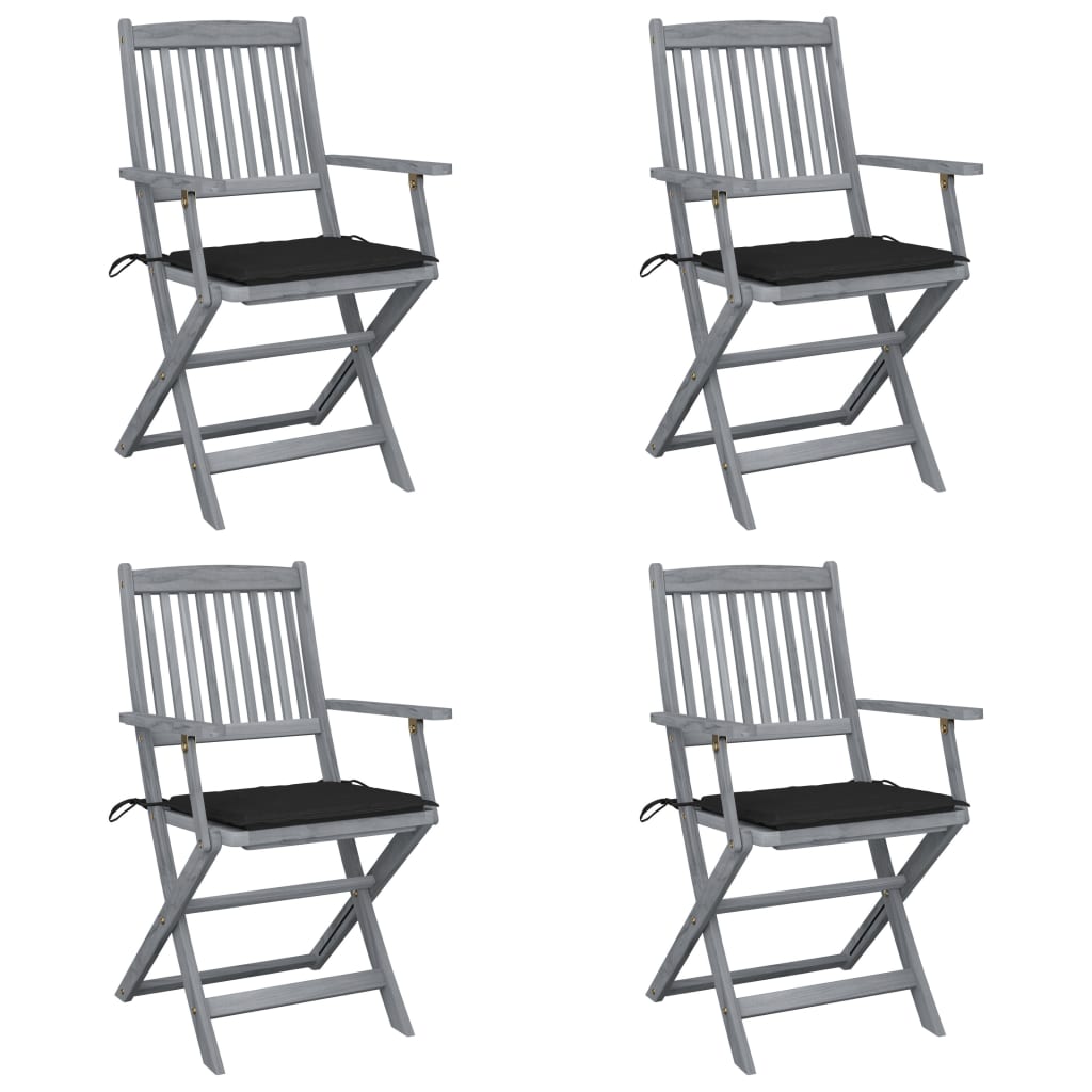 Set de 4 scaune pliabile de exterior cu perne, vidaXL, Lemn de acacia-Poliester, 54 x 57 x 91 cm, 4 cm, Gri/Perne negru