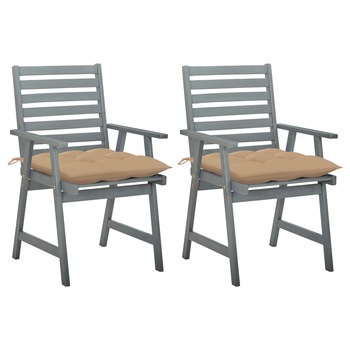 Set de 2 scaune de masa pentru exterior cu perna colorata vidaXL, Lemn de acacia, 56 x 62 x 92 cm, Gri/Bej