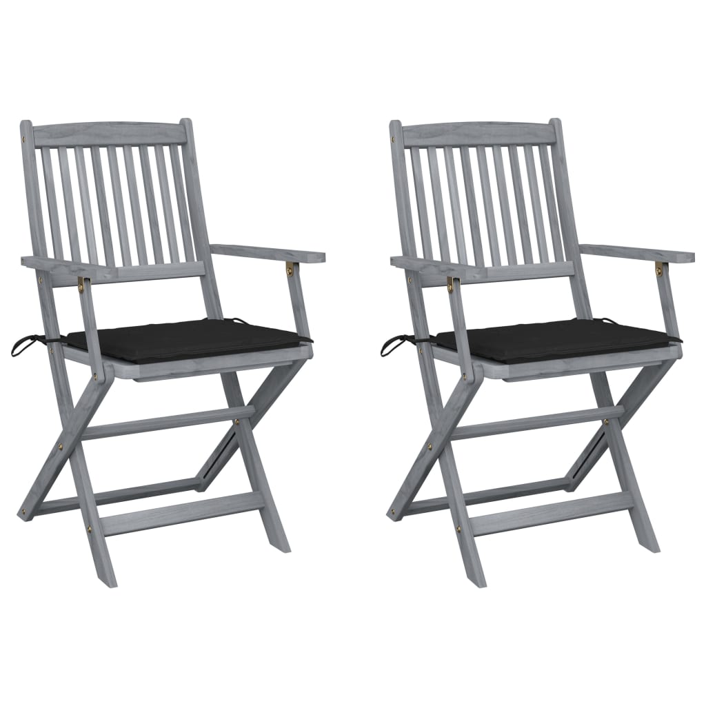 Set de 2 scaune pliabile de exterior cu perne, vidaXL, Lemn de acacia-Poliester, 54 x 57 x 91 cm, 4 cm, Gri/Perne negru