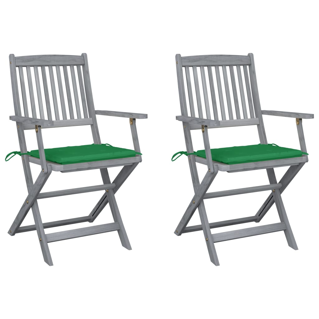 Set de 2 scaune pliabile de gradina-exterior, cu brate, vidaXL, Lemn de acacia, 54 x 57 x 91 cm, 4 cm, Gri/Verde