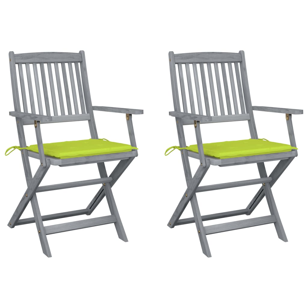 Set de 2 scaune pliabile de gradina-exterior, vidaXL, Lemn de acacia, 54 x 57 x 91 cm, 4 cm, Gri/Verde aprins