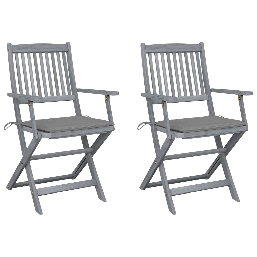 Set de 2 scaune pliabile de gradina-exterior, cu brate, vidaXL, Lemn masiv de acacia, 54 x 57 x 91 cm, 4 cm, Gri