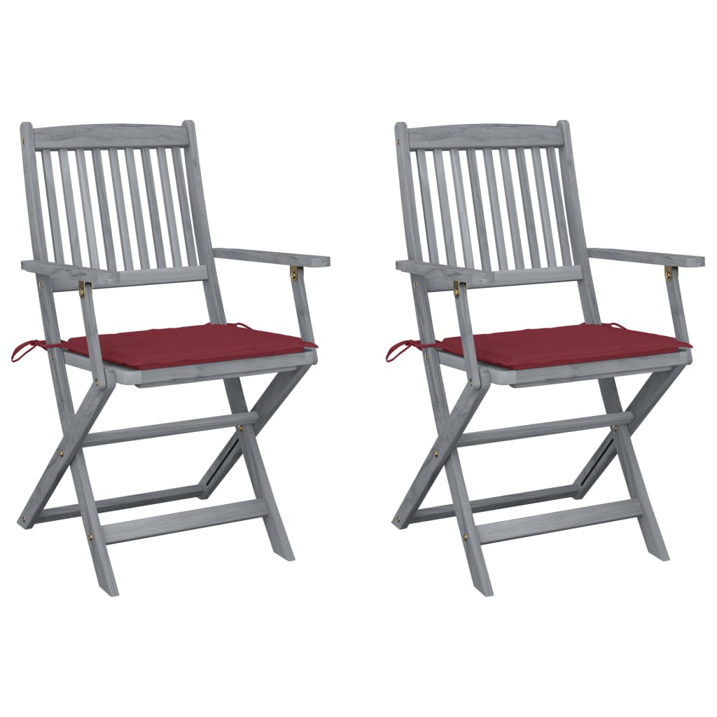 Set de 2 scaune pliabile de exterior cu perne, vidaXL, Lemn de acacia-Poliester, 54 x 57 x 91 cm, 4 cm, Gri/Perne rosu bordo