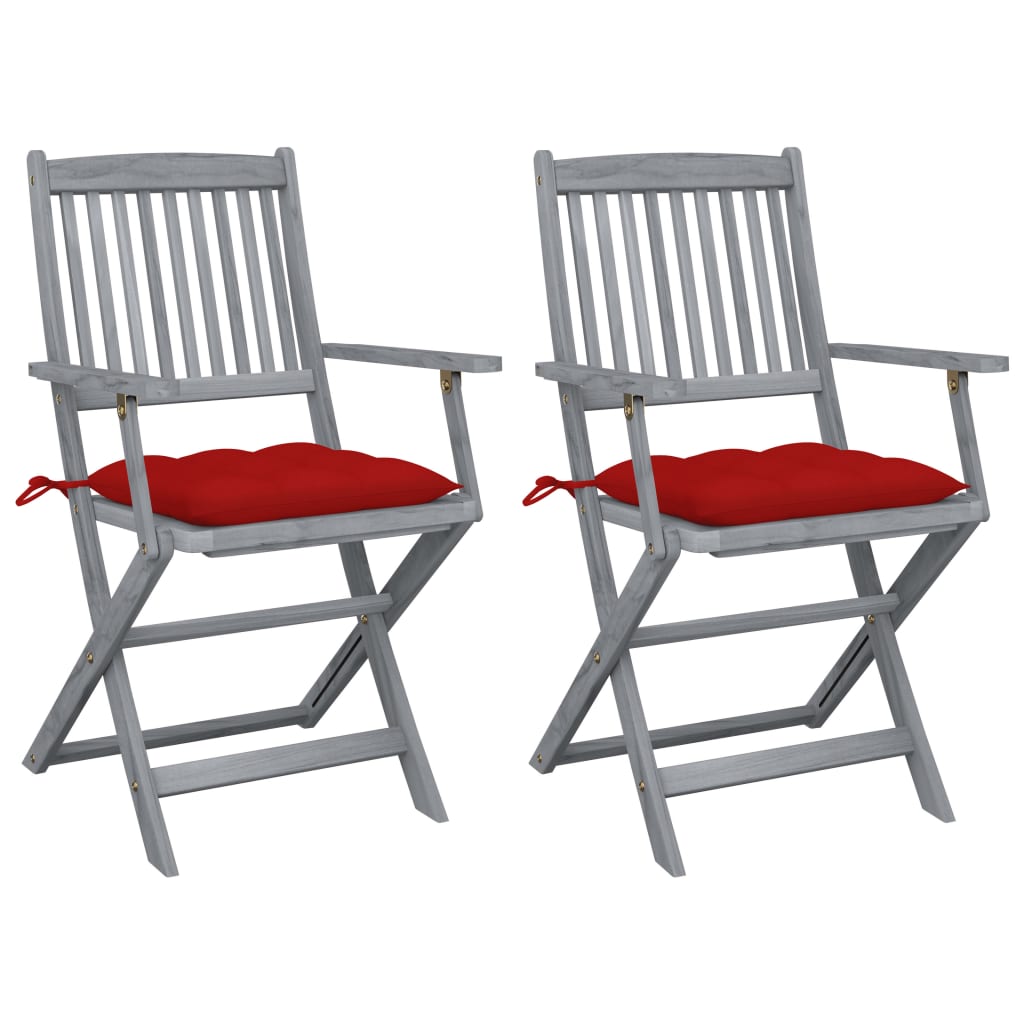 Set de 2 scaune pliabile de exterior cu perne, vidaXL, Lemn de acacia-Poliester, 54 x 57 x 91 cm, 7 cm, Gri/Perne Rosu