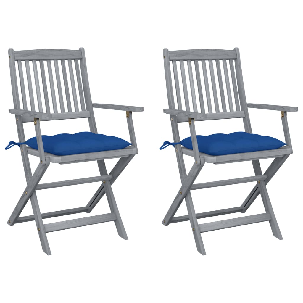 Set de 2 scaune pliabile de gradina-exterior, vidaXL, Lemn de acacia, 54 x 57 x 91 cm, 7 cm, Gri/Albastru