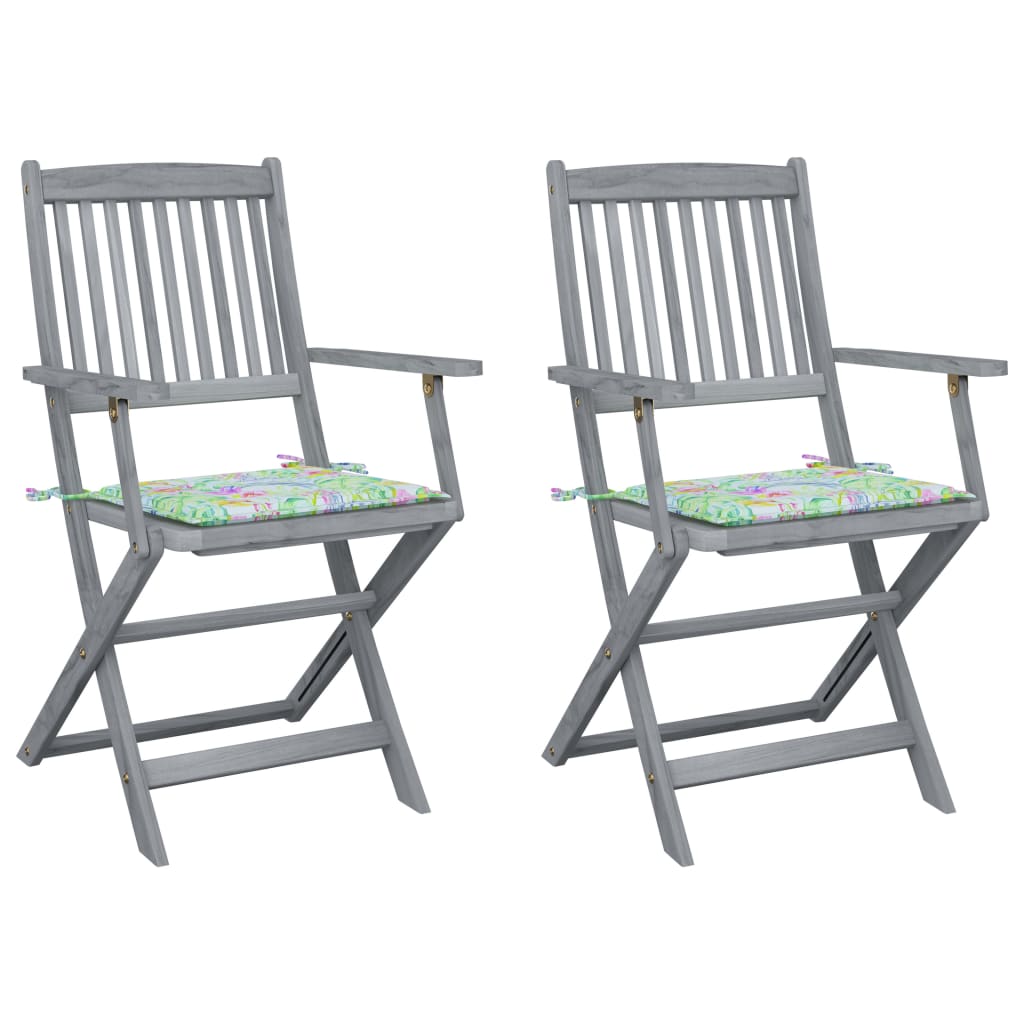 Set de 2 scaune pliabile de exterior cu perne, vidaXL, Lemn de acacia-Poliester, 54 x 57 x 91 cm, 4 cm, Gri/Perne model tropical