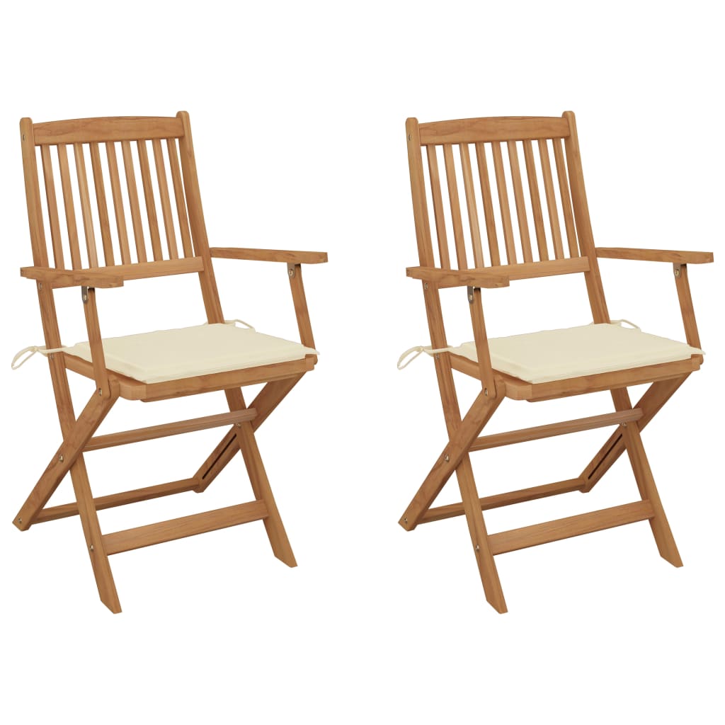 Set de 2 scaune pliabile de gradina, cu brate, vidaXL, Lemn de acacia/Poliester, 54 x 57 x 91 cm, Maro-perne crem