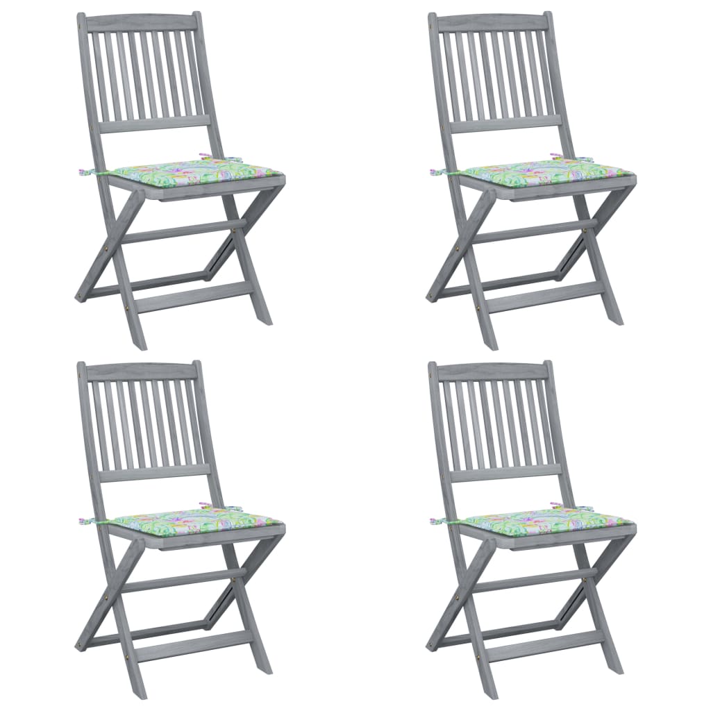 Set de 4 scaune pliabile de gradina-exterior, vidaXL, Lemn de acacia, 48,5 x 57 x 91 cm, 4 cm, Gri/Multicolor motiv tropical