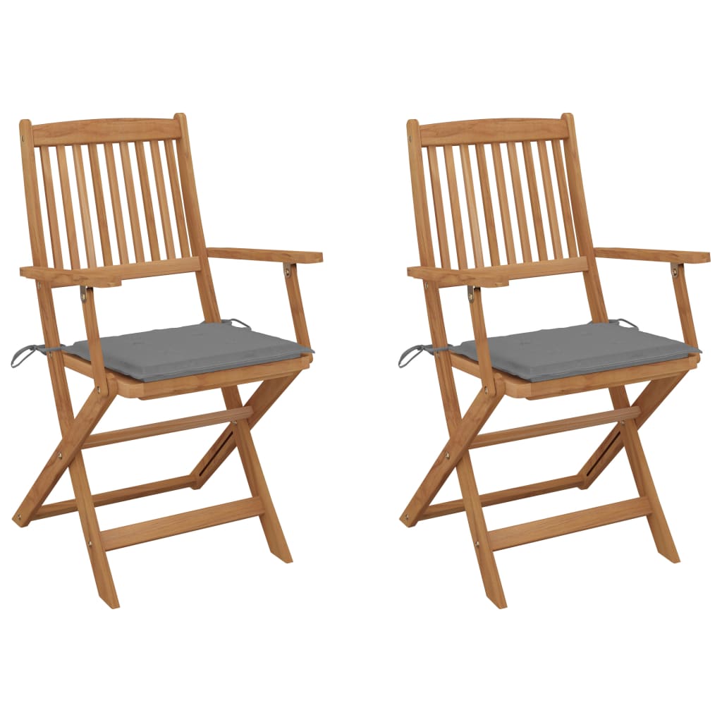 Set de 2 scaune pliabile de gradina, cu brate, vidaXL, Lemn de acacia/Poliester, 54 x 57 x 91 cm, Maro-perne gri