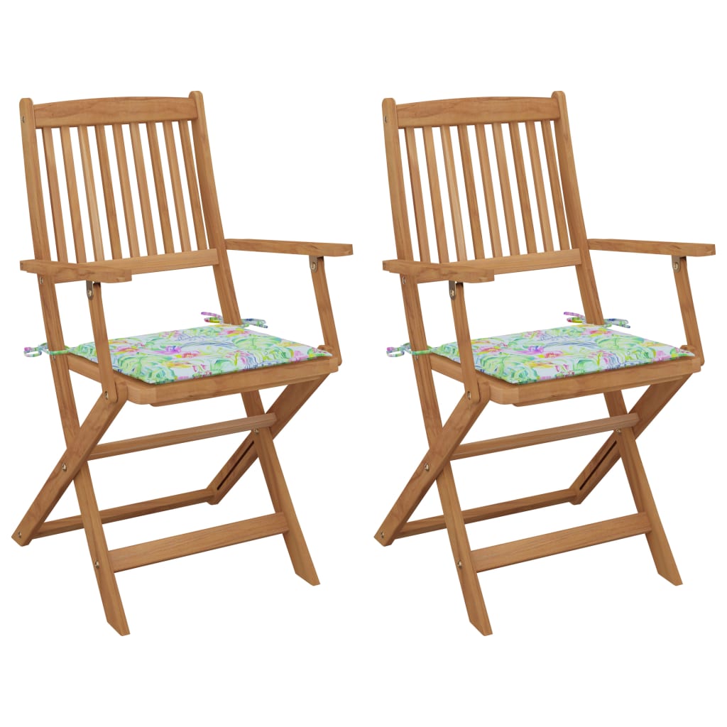 Set de 2 scaune pliabile de gradina, cu brate, vidaXL, Lemn de acacia/Poliester, 54 x 57 x 91 cm, Maro-perne model tropical