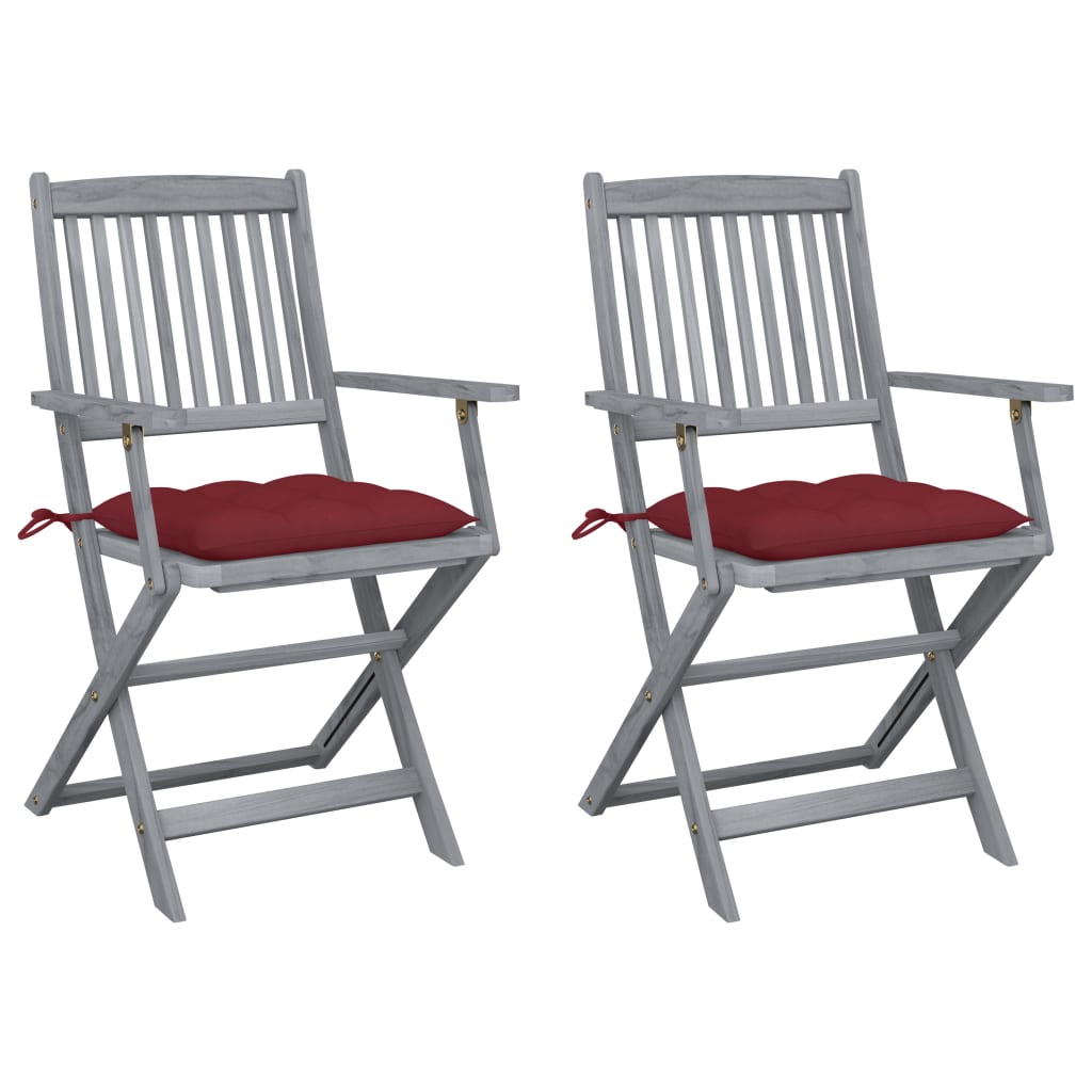 Set de 2 scaune pliabile de exterior cu perne, vidaXL, Lemn de acacia-Poliester, 54 x 57 x 91 cm, 7 cm, Gri/Perne Rosu bordo