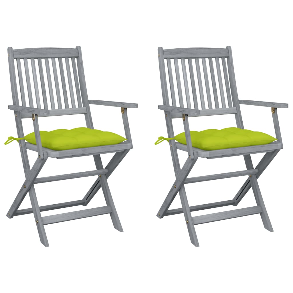 Set de 2 scaune pliabile de exterior cu perne, vidaXL, Lemn de acacia-Poliester, 54 x 57 x 91 cm, 7 cm, Gri/Perne Verde aprins