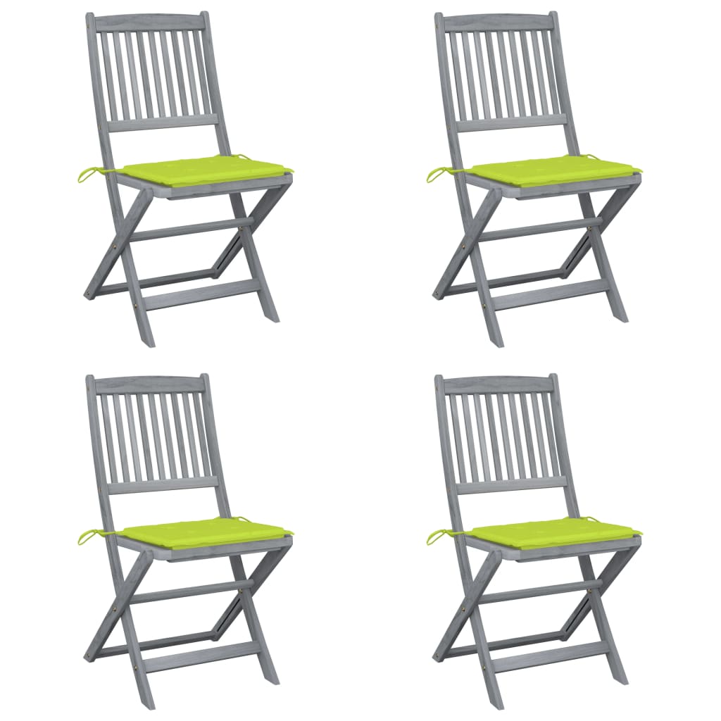 Set de 4 scaune pliabile de exterior vidaXL, Lemn de acacia-Poliester, 48,5 x 57 x 91 cm, Gri-Perne verde aprins