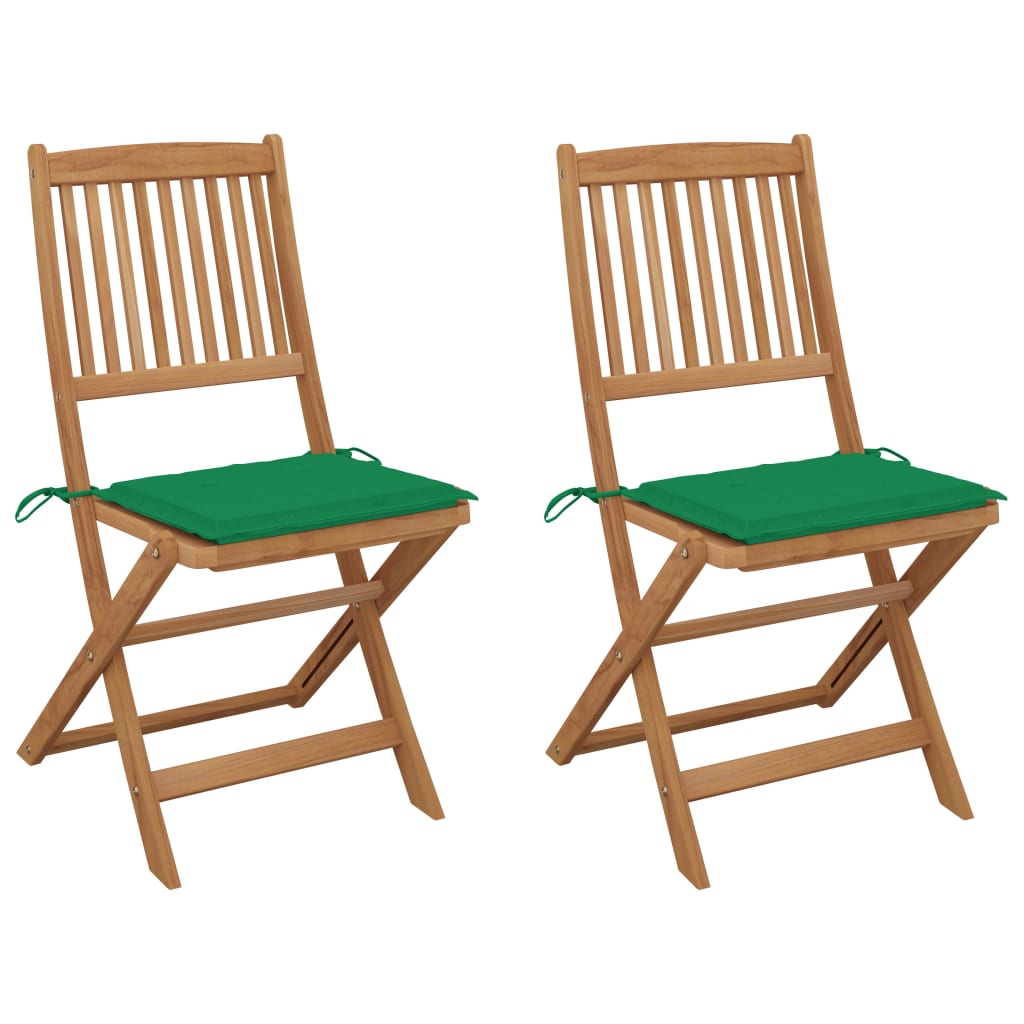 Set de 2 scaune pliabile de gradina, vidaXL, Lemn de acacia, 48,5 x 57 x 91 cm, 4 cm, Maro/Verde